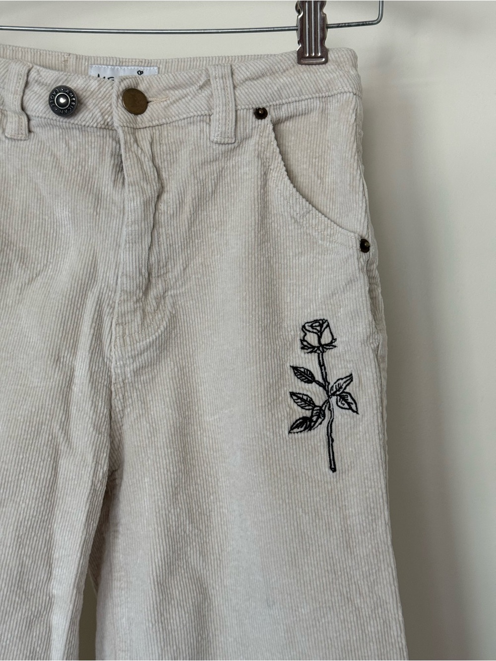 Women’s Cream Corduroy Pants with Black Rose Embroidery